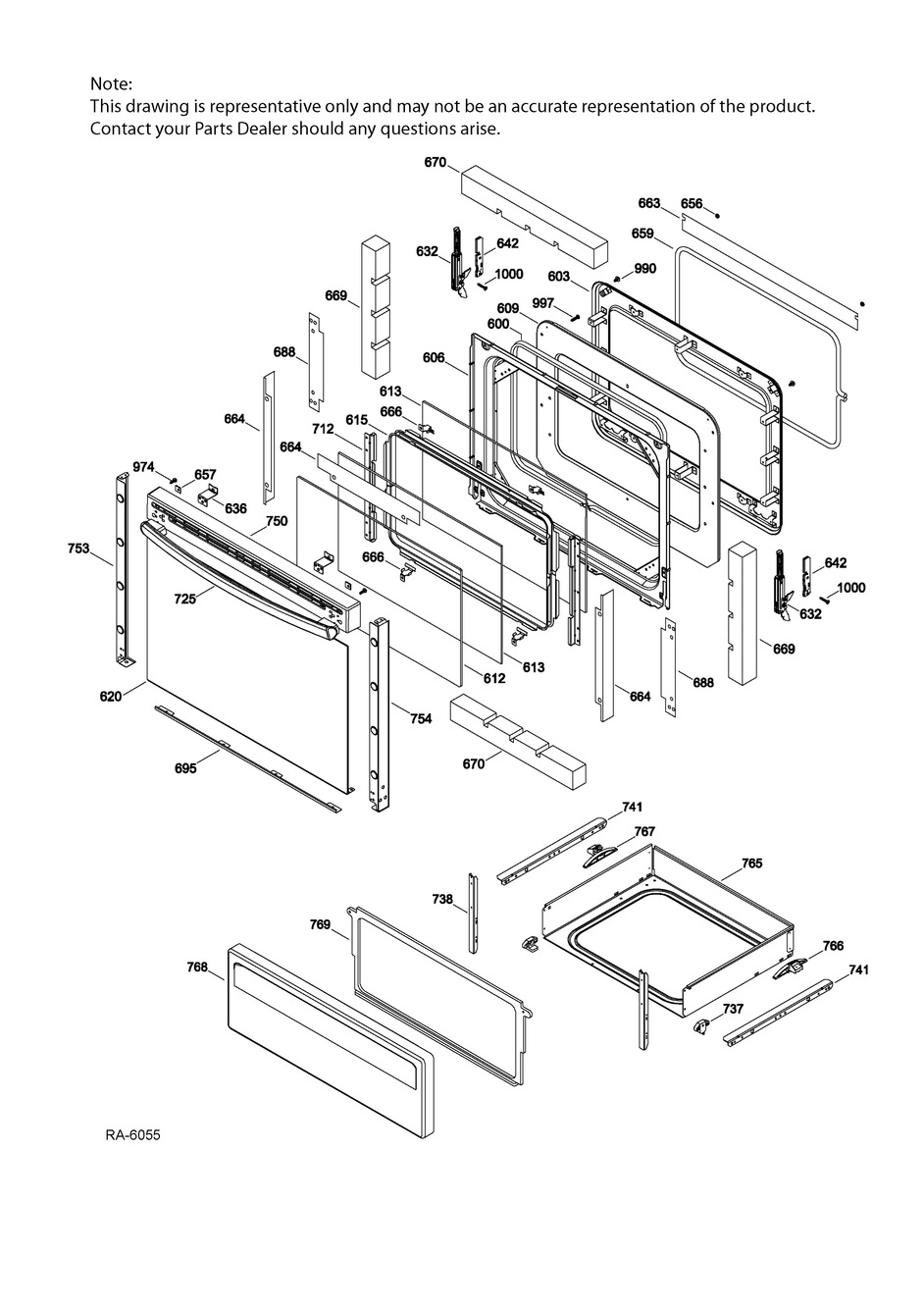 Door And Drawer Parts Diagram and Parts List for JCB635SF2SS  General Electric Range