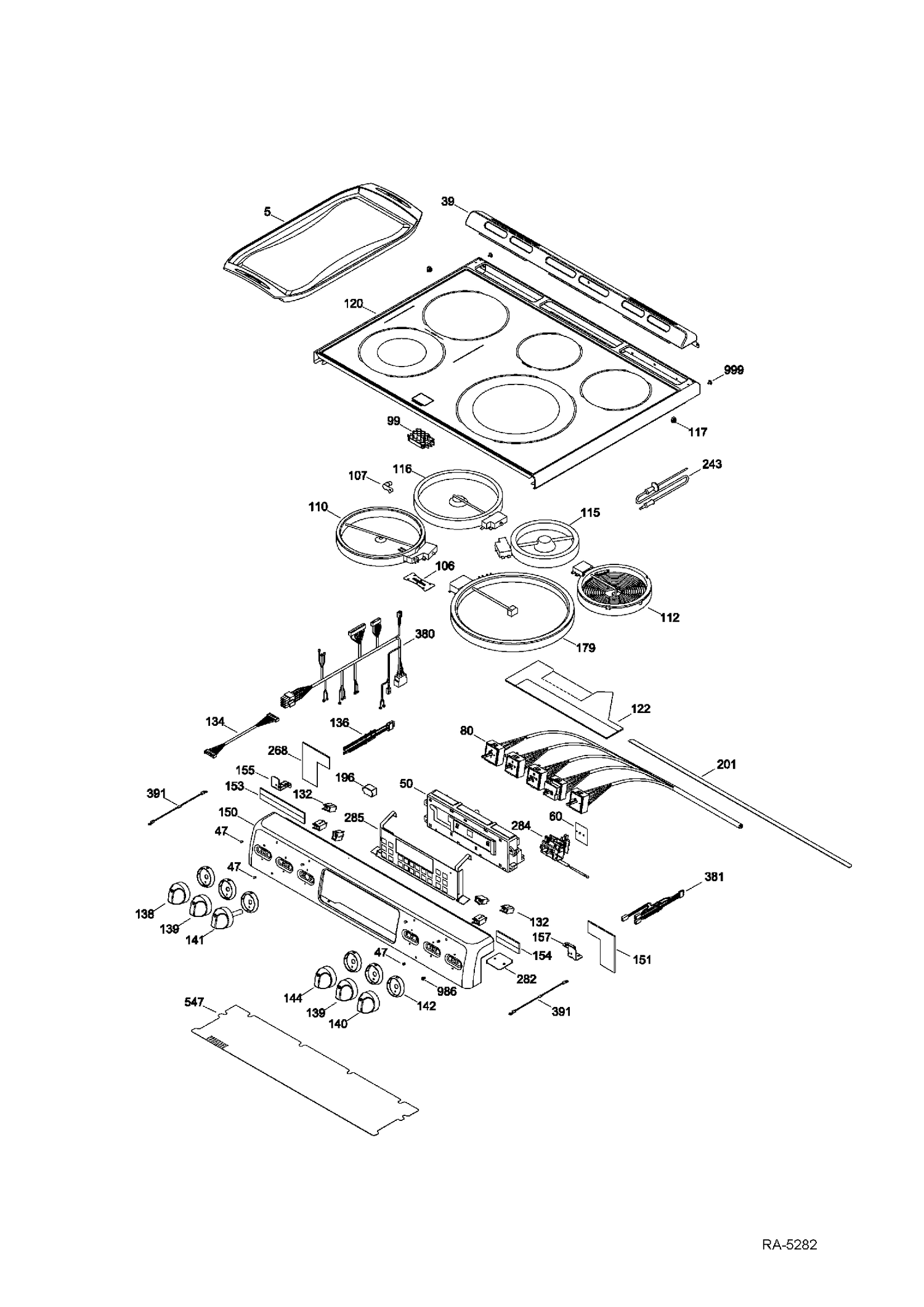 CONTROL PANEL & COOKTOP Diagram and Parts List for CBC980ST3SS  General Electric Range