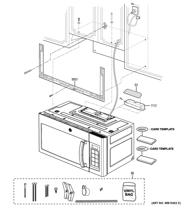 Installation Parts Diagram and Parts List for JVM3162DJ1BB  General Electric Microwave