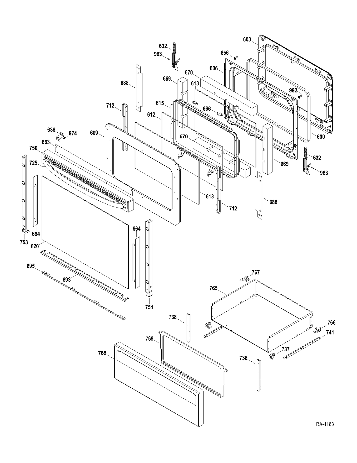 DOOR-DRAWER Diagram and Parts List for JCBP670DT1WW  General Electric Range