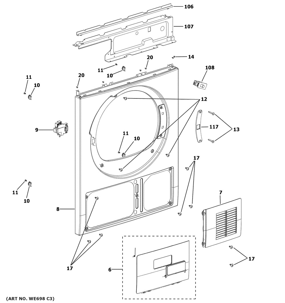 Front Panel Diagram and Parts List for QFT15ESSN0WW  General Electric Dryer