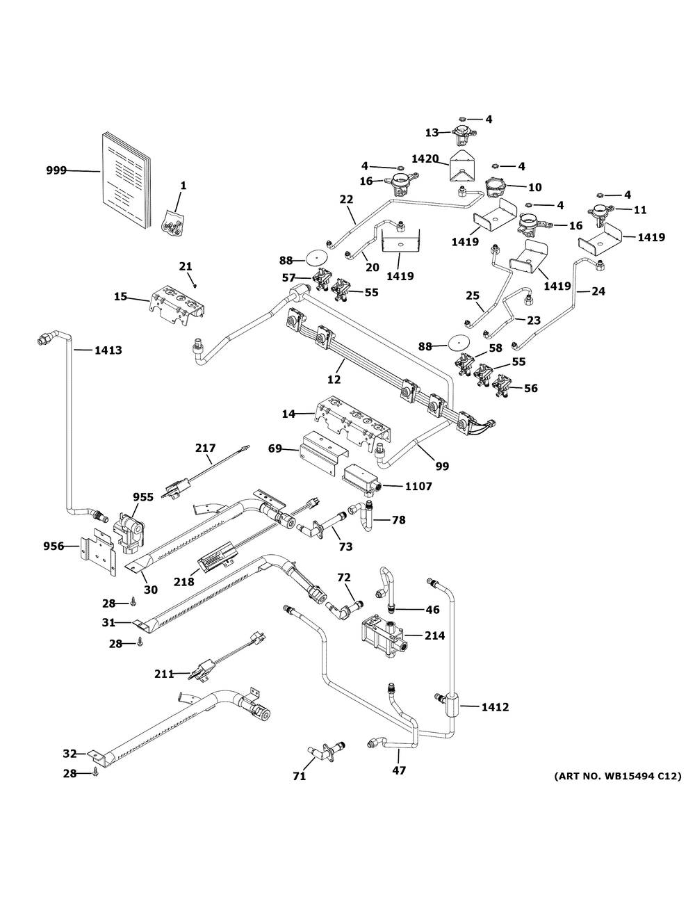 Gas And Burner Parts Diagram and Parts List for JGSS86SP3SS  General Electric Range
