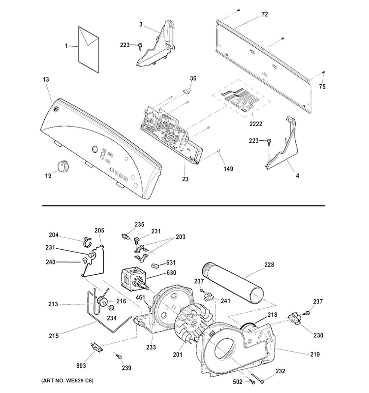 Backsplash, Blower & Motor Assembly Diagram and Parts List for GTDS560EF4WS  General Electric Dryer