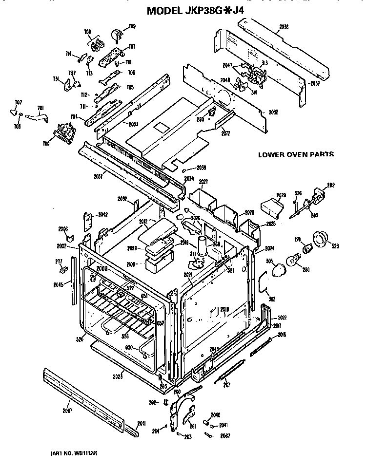 Lower Oven Diagram and Parts List for JKP38GJ4  General Electric Wall Oven