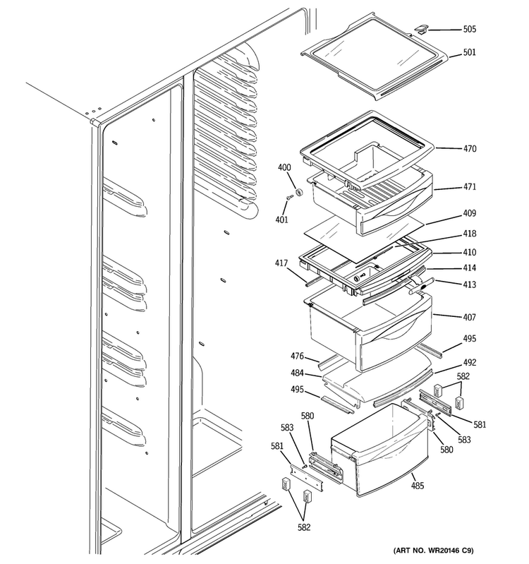 Fresh Food Shelves Diagram and Parts List for GSC22QGTMWW  General Electric Refrigerator
