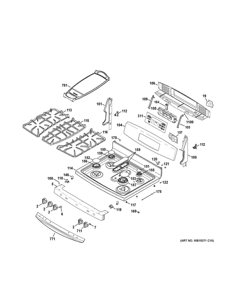 Control Panel & Cooktop Diagram and Parts List for JGB850EEF3ES  General Electric Range