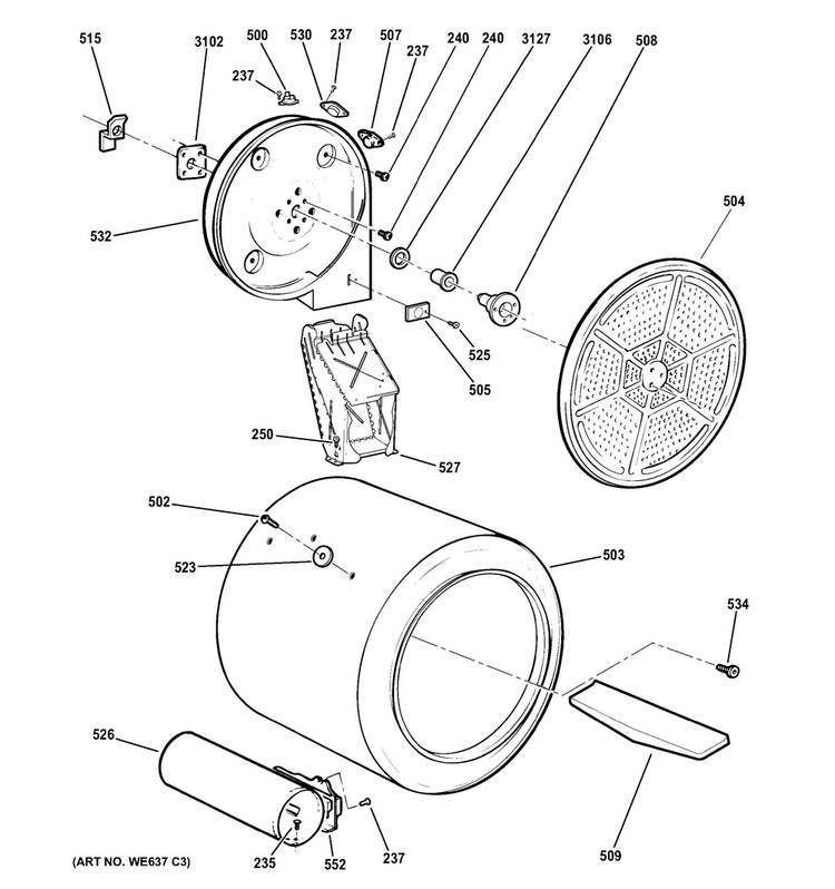 Drum Diagram and Parts List for GTDL210GD4WW  General Electric Dryer