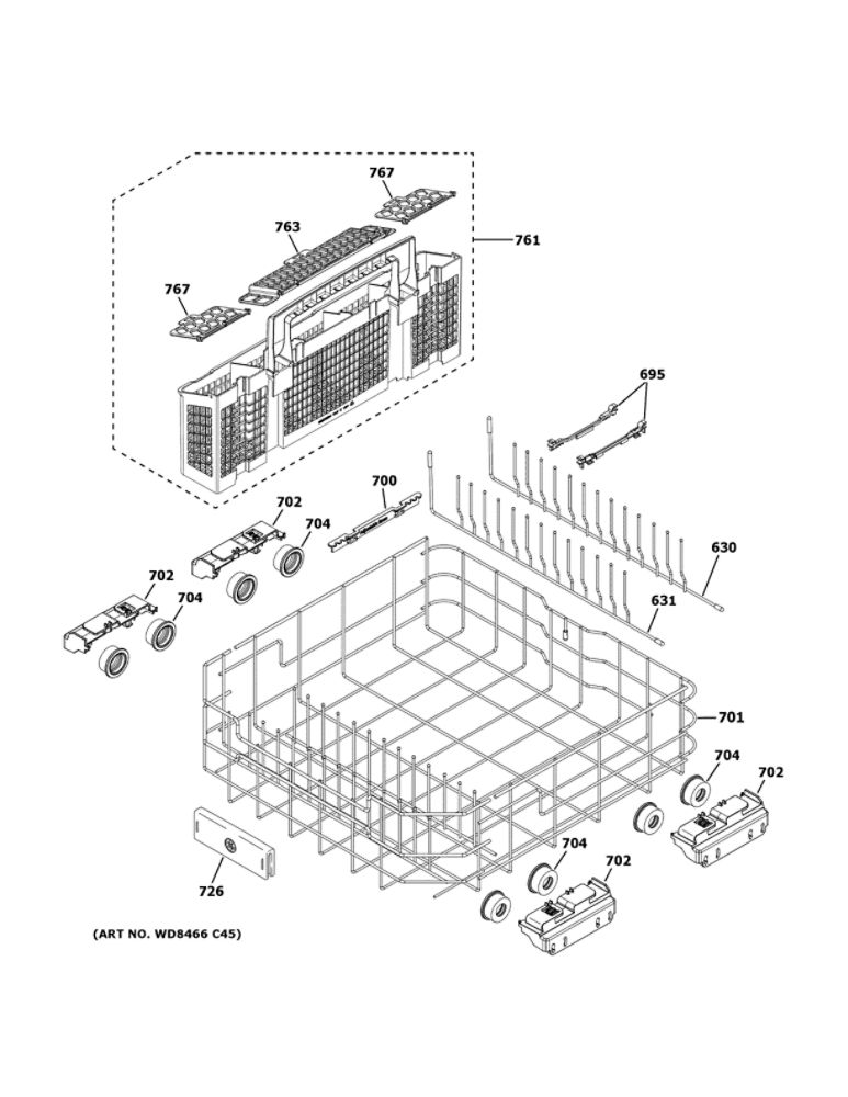 Lower Rack Assembly 1 Diagram and Parts List for GDT665SGN3WW  General Electric Dishwasher
