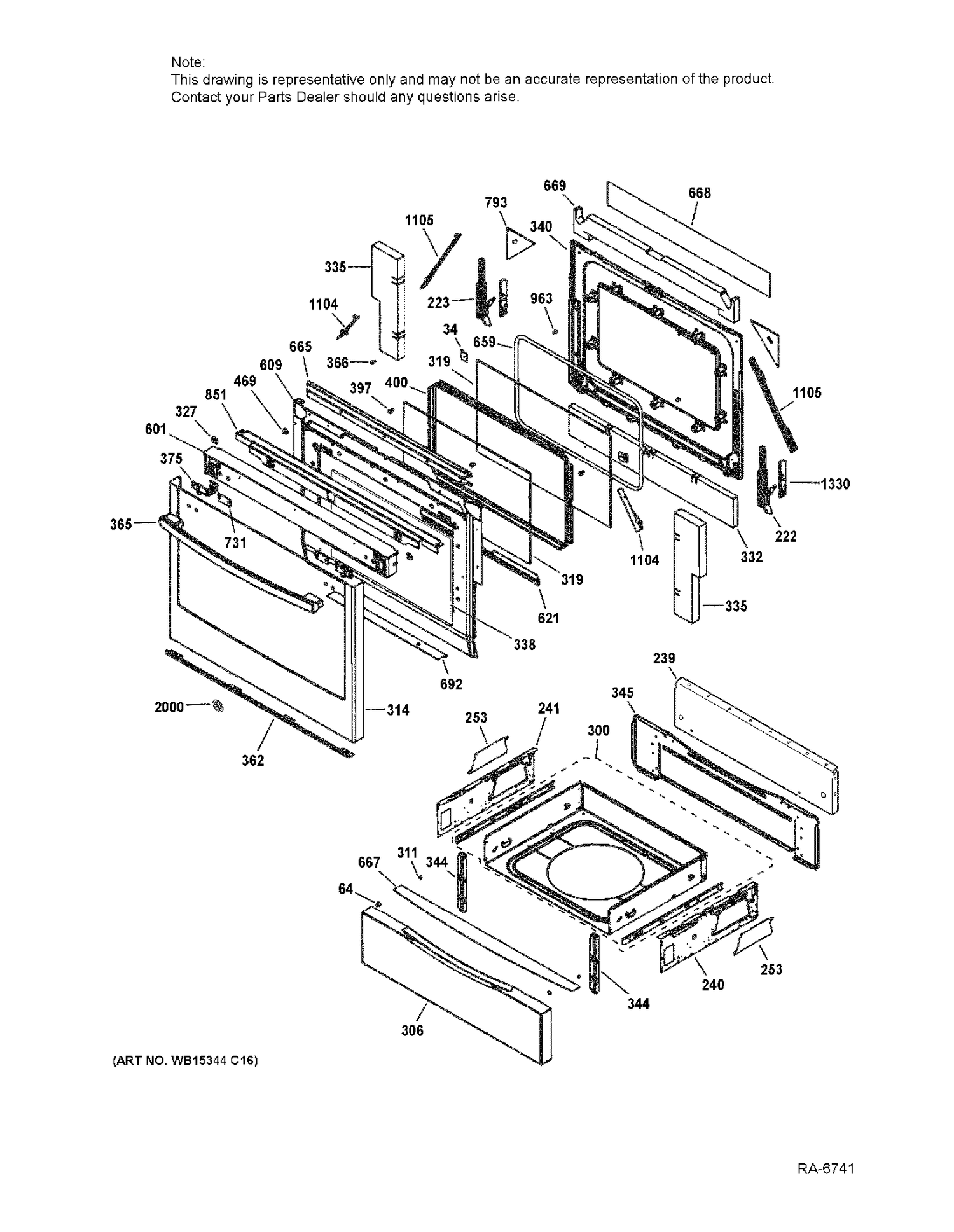 DOOR & DRAWER Diagram and Parts List for JCGS750SEF6SS  General Electric Range