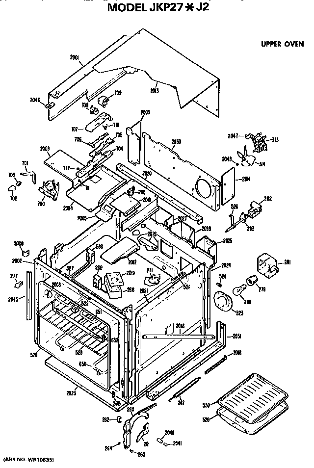 Upper Oven Diagram and Parts List for JKP27J2  General Electric Wall Oven