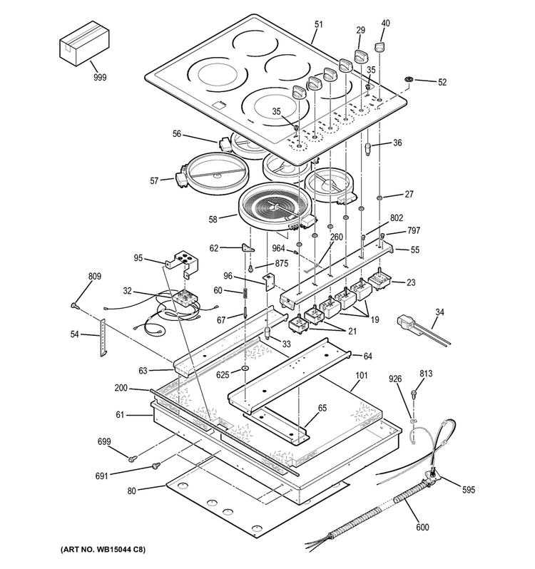 Control Panel & Cooktop Diagram and Parts List for CP350ST2SS  General Electric Cooktop