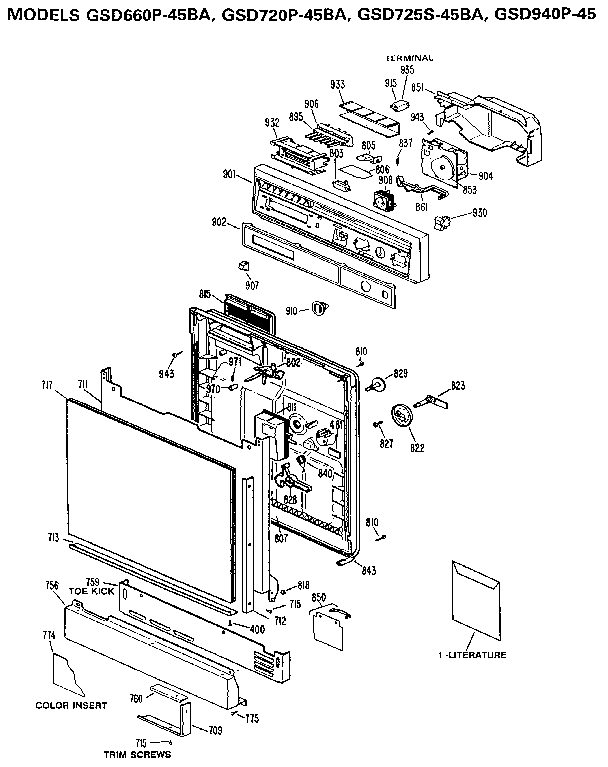Control Panel And Door Diagram and Parts List for GSD940P-45  General Electric Dishwasher
