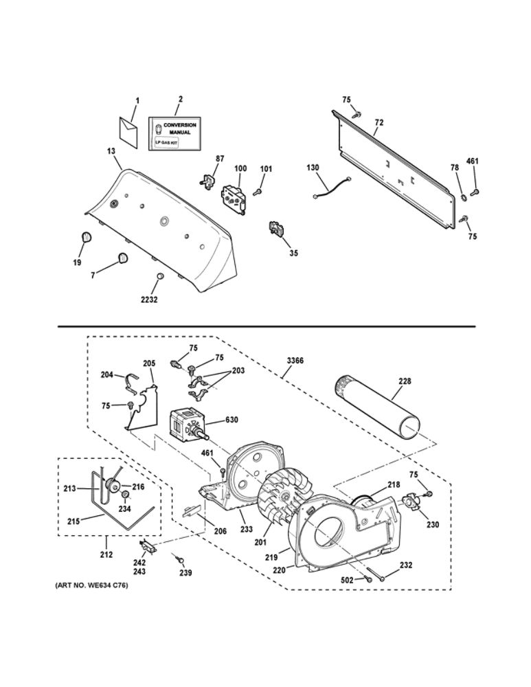 Backsplash, Blower And Motor Assembly Diagram and Parts List for GTX22GASK1WW  General Electric Dryer