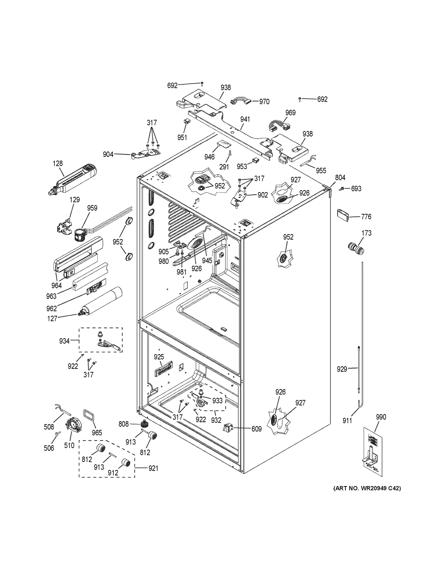 CASE PARTS Diagram and Parts List for PYE22KSKBSS  General Electric Refrigerator