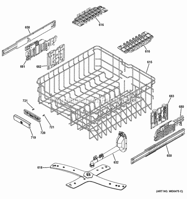 Upper Rack Assembly Diagram and Parts List for GDT580SSF0SS  General Electric Dishwasher