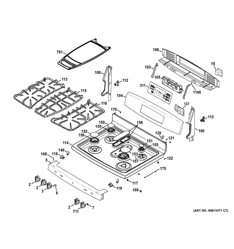 Control Panel & Cooktop Diagram and Parts List for JGB870DEF2BB  General Electric Range