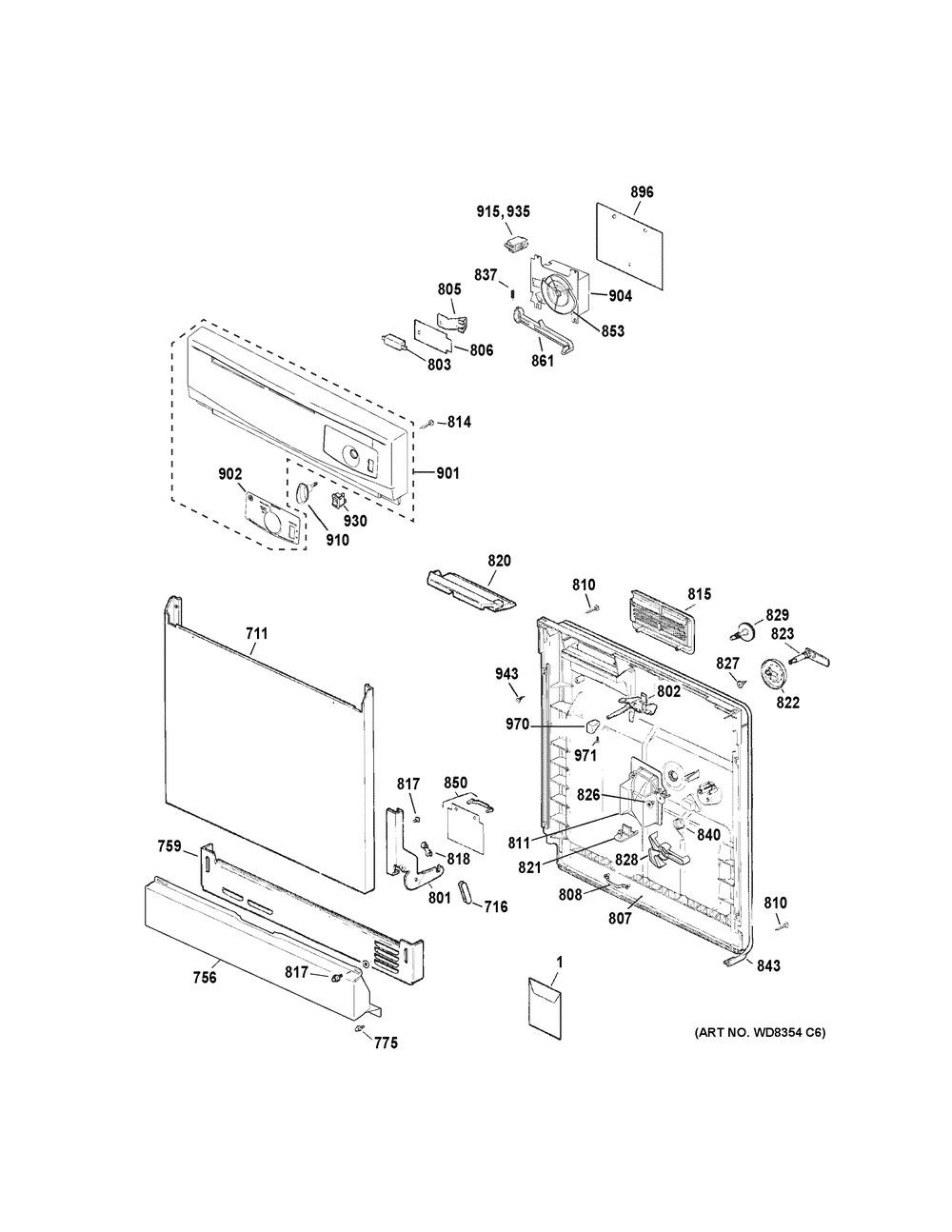 Escutcheon & Door Assembly Diagram and Parts List for GSD2101V55BB  General Electric Dishwasher