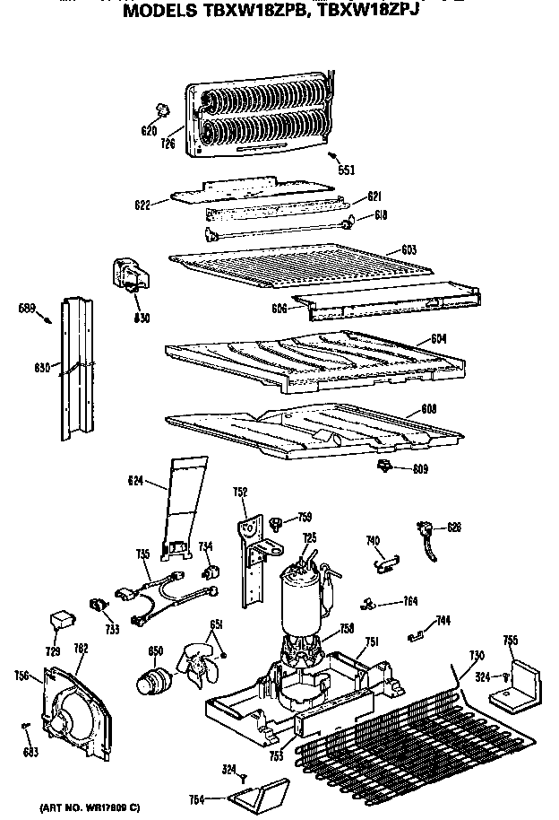 Unit Diagram and Parts List for TBXW18ZPBRWH  General Electric Refrigerator