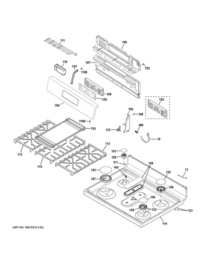 Control Panel And Cooktop Diagram and Parts List for JGBS66DEK4BB  General Electric Range