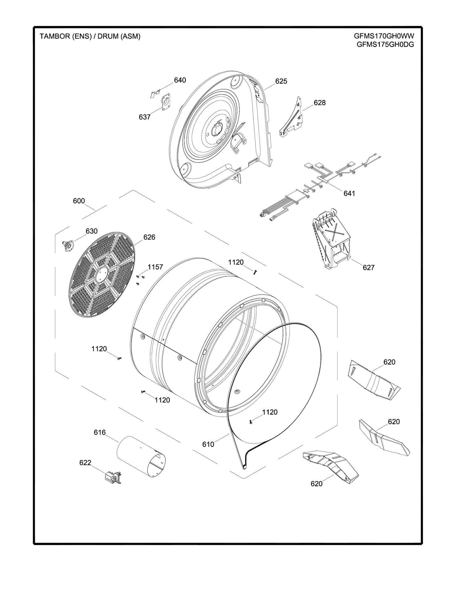 DRUM ASM Diagram and Parts List for GFMS170GH0WW  General Electric Dryer