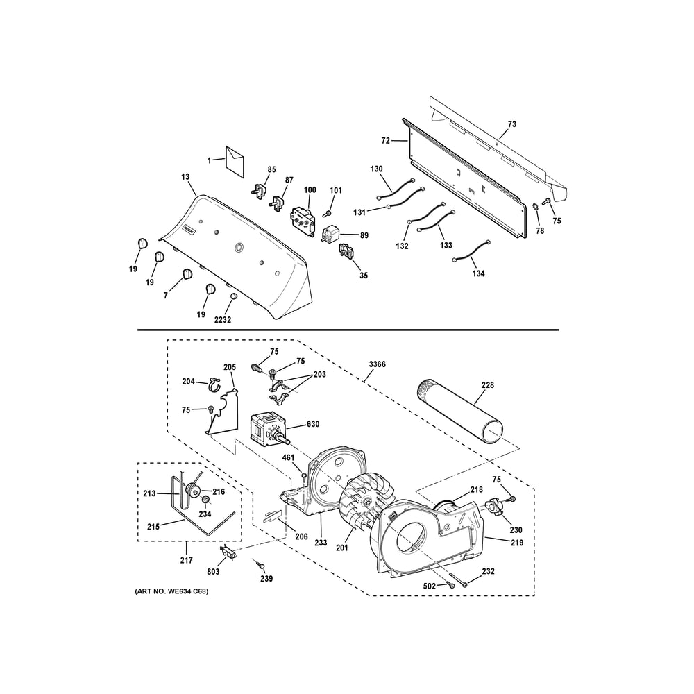 Backsplash, Blower And Motor Assembly Diagram and Parts List for XTD72E8ST1WS  General Electric Dryer