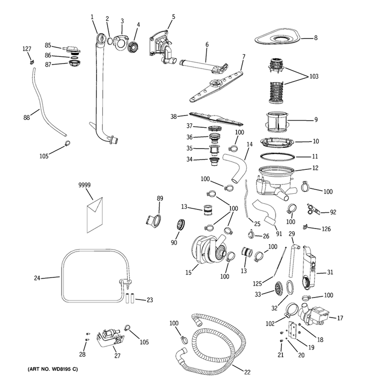 Motor-pump Mechanism Diagram and Parts List for GLDA690M00SS  General Electric Dishwasher