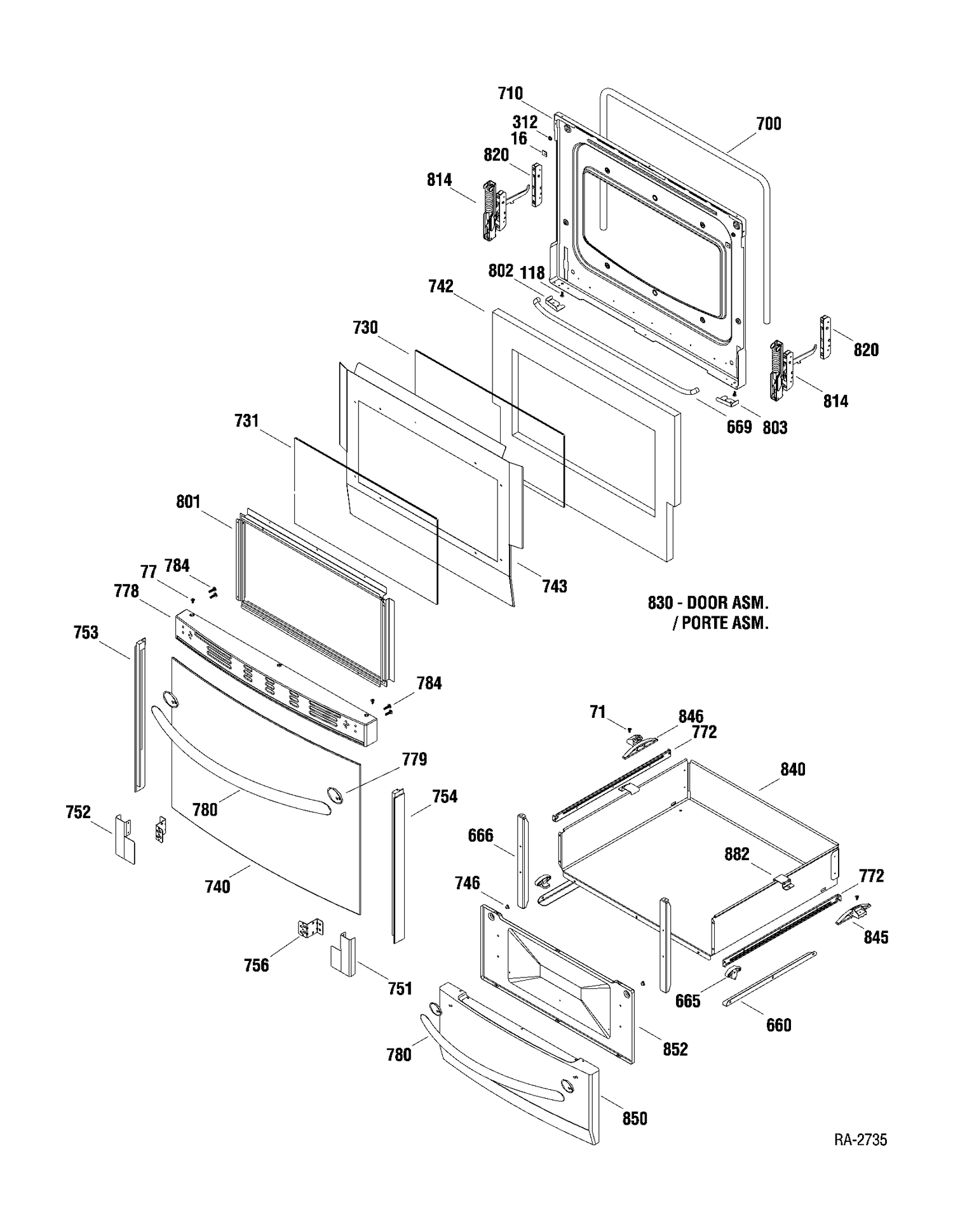 DOOR & DRAWER Diagram and Parts List for JCAP765GM1SS  General Electric Range