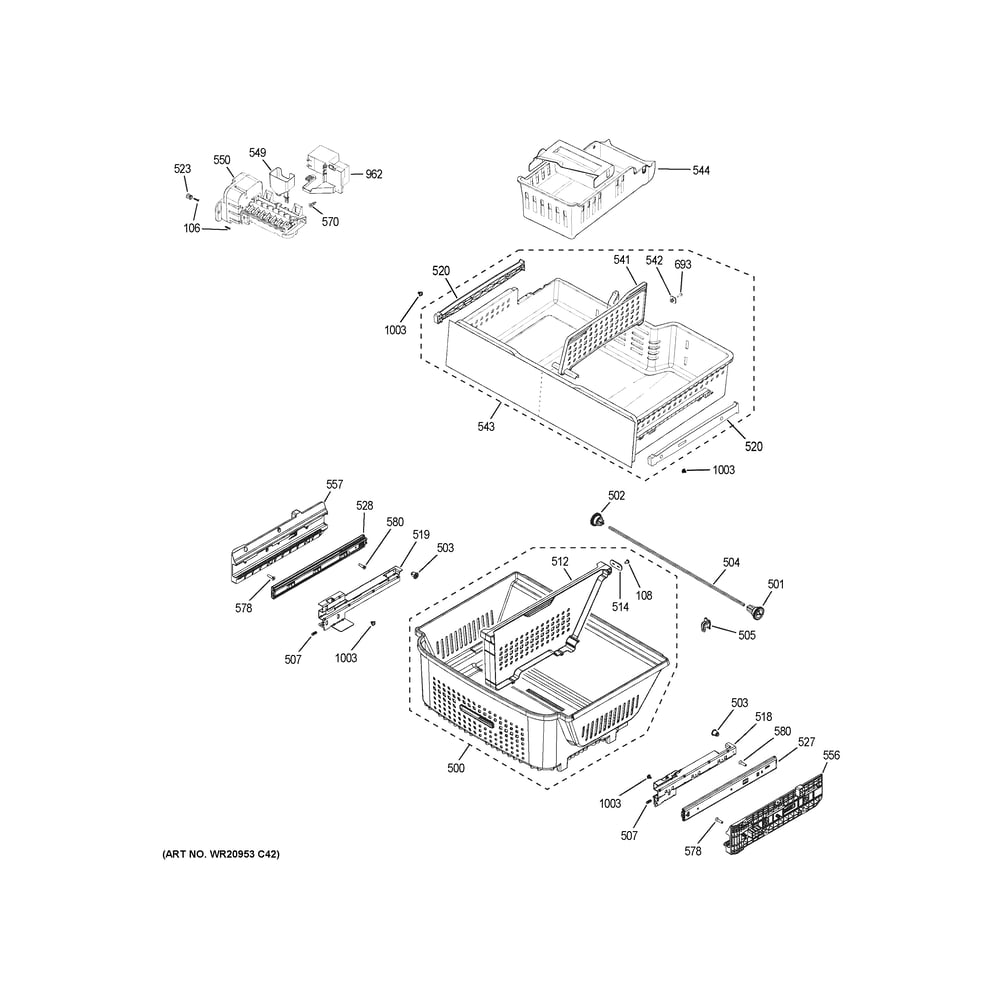 Freezer Shelves Diagram and Parts List for PWE23KMKPES  General Electric Refrigerator