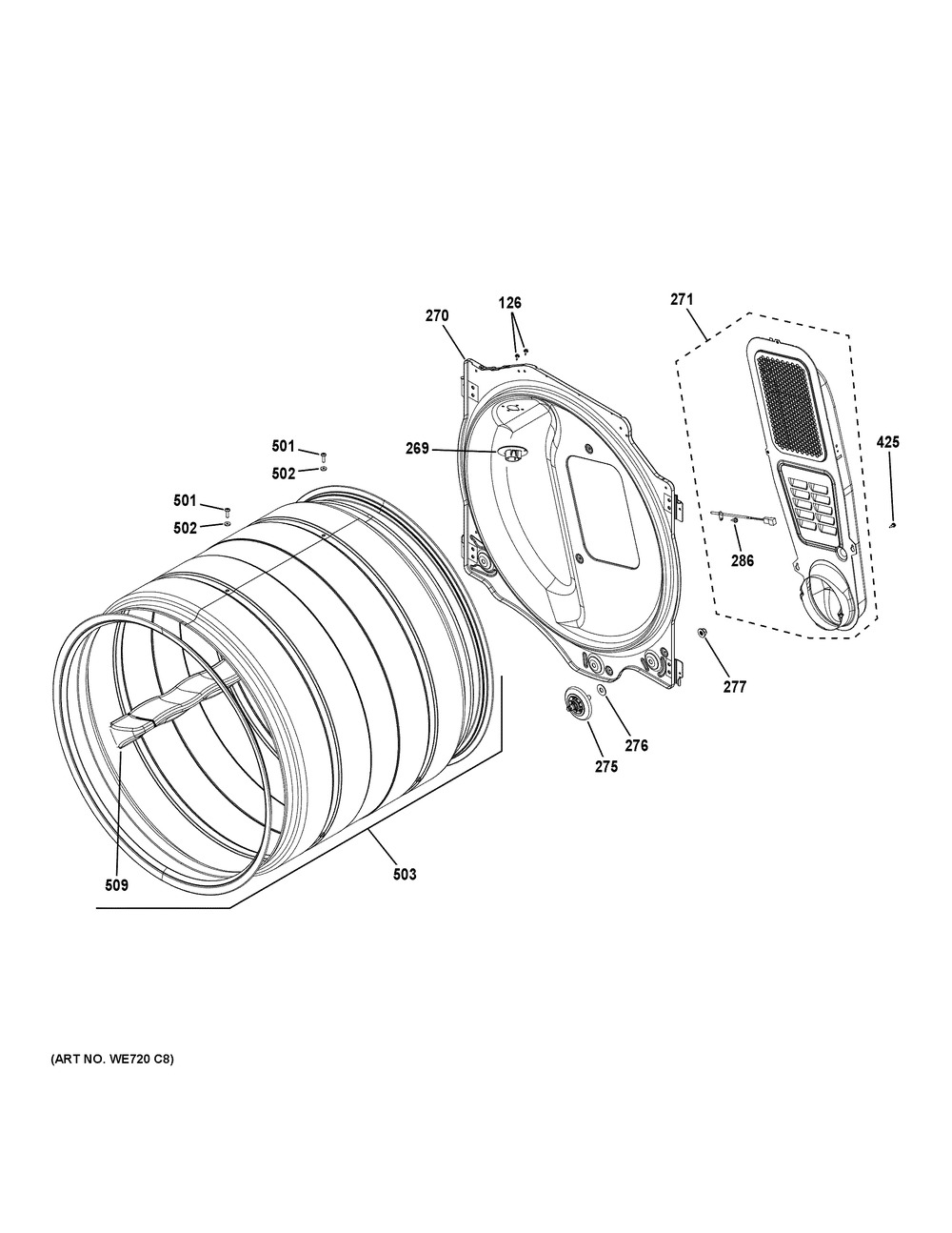 Drum Diagram and Parts List for GFD55GSPR2RS  General Electric Dryer