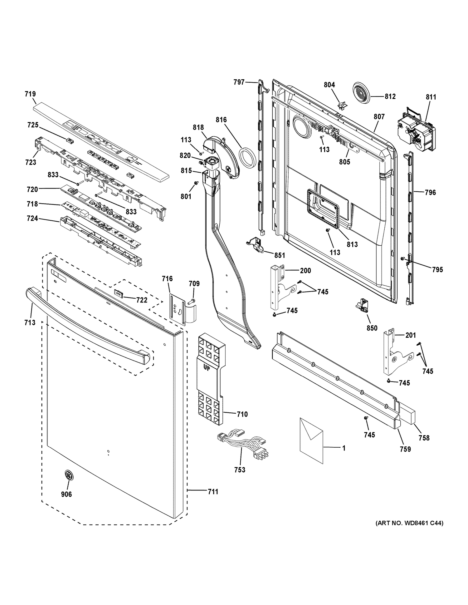 ESCUTCHEON & DOOR ASSEMBLY Diagram and Parts List for DDT595SBL2TS  General Electric Dishwasher