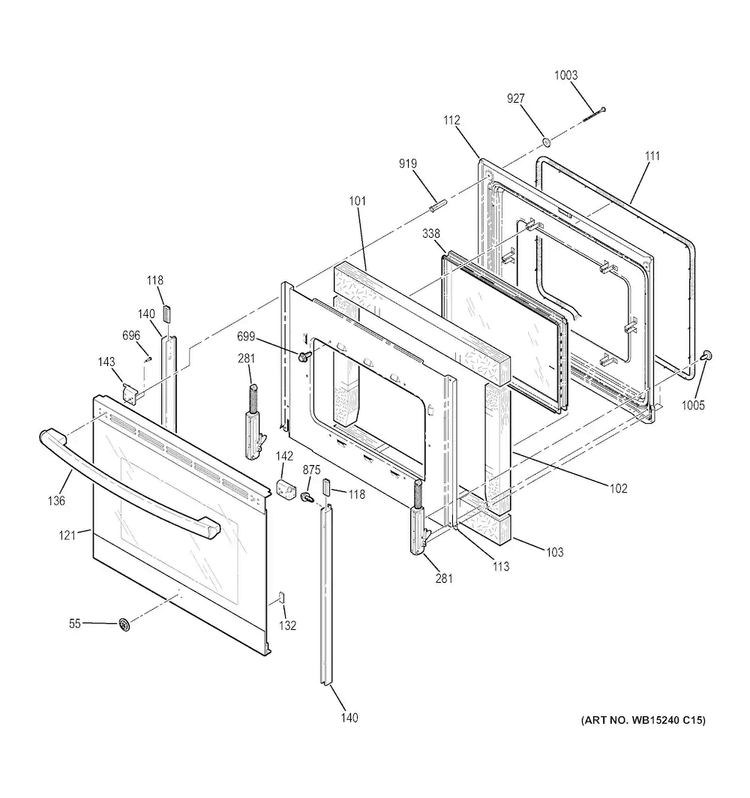 Door Diagram and Parts List for JB625RK1SS  General Electric Range