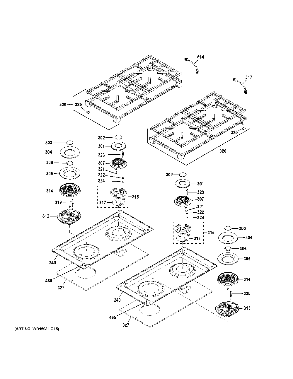 Cooktop Diagram and Parts List for ZDP484NGT1SS  General Electric Range