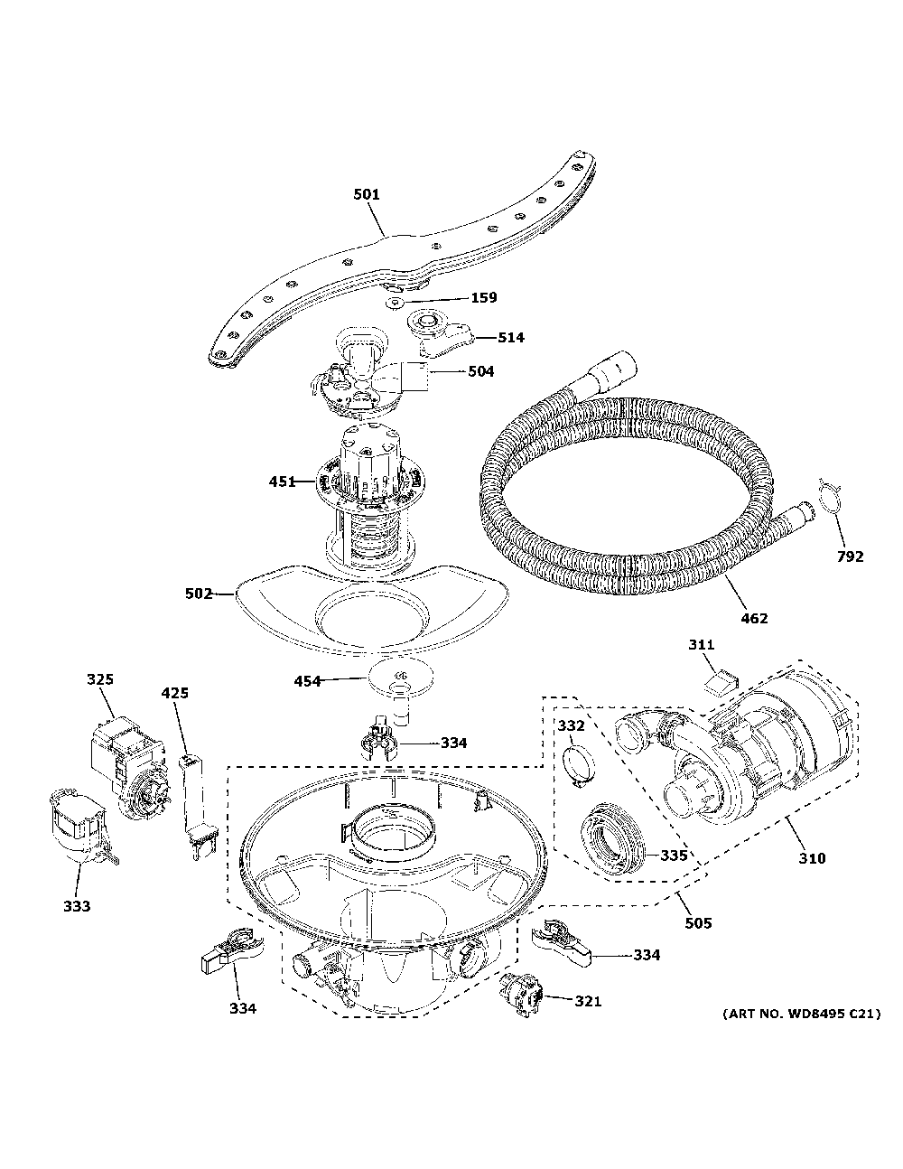 Motor, sump & filter assembly Diagram and Parts List for DDT700SFN2DS  General Electric Dishwasher
