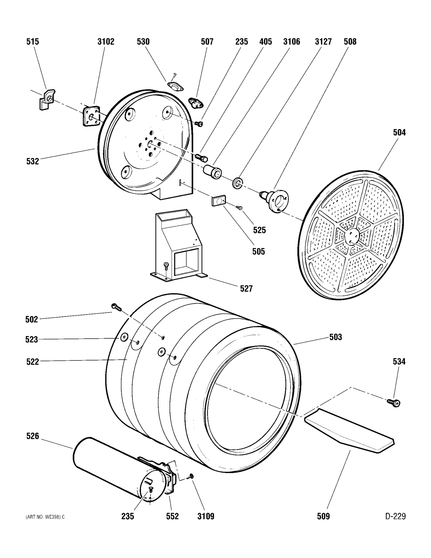 DRUM &HEATER Diagram and Parts List for UPSB519GB0WC  General Electric Dryer