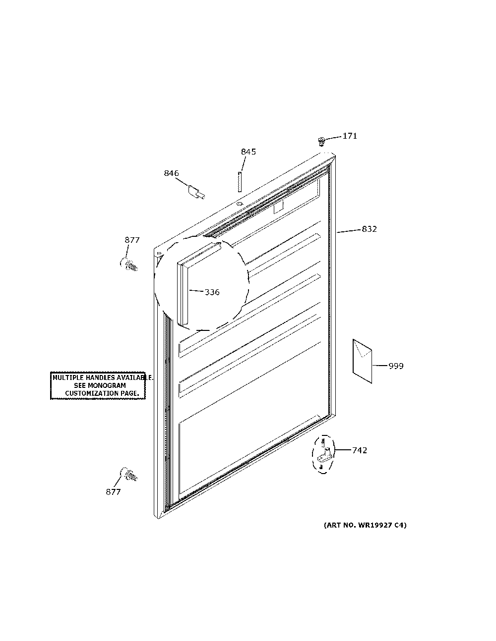Door Diagram and Parts List for ZDOD240NCSS  General Electric Wine and Beverage Cooler