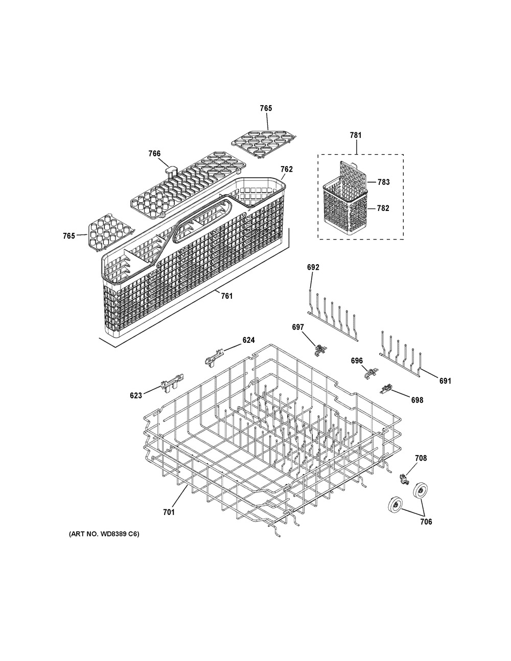 Lower Rack Assembly Diagram and Parts List for GDWT358V50SE  General Electric Dishwasher