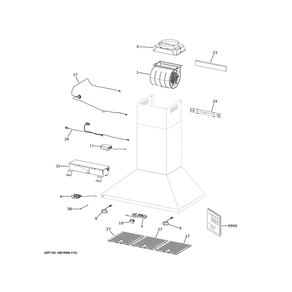 Range Hood Diagram and Parts List for PVW1036SWSS  General Electric Range Hood