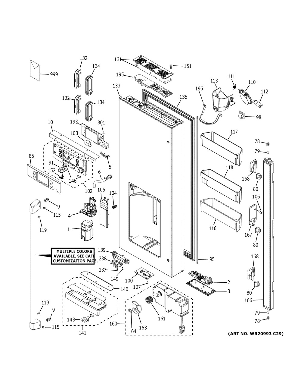 Dispenser Door Diagram and Parts List for CYE22UP3MCD1  General Electric Refrigerator