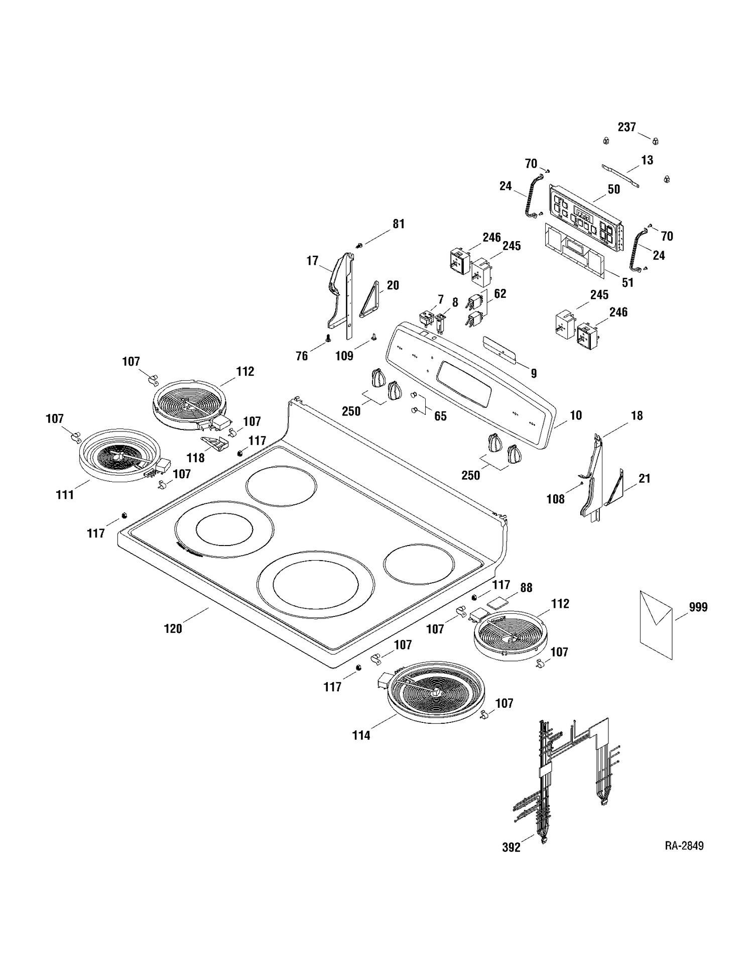 CONTROLS & COOKTOP Diagram and Parts List for JCBP70SP1SS  General Electric Range