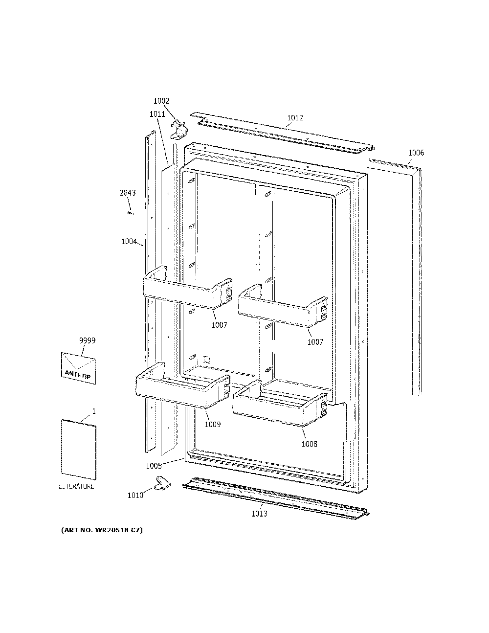 Door Diagram and Parts List for ZIF360NPBLH  General Electric Freezer