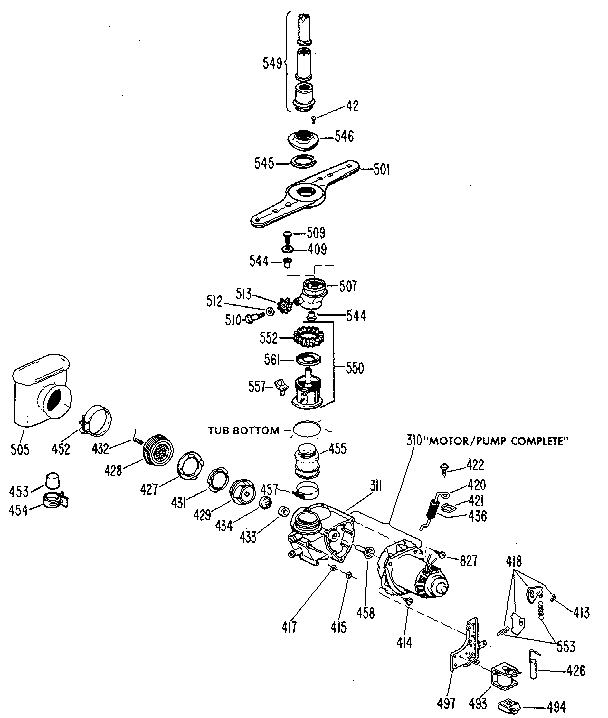 Motor And Pump Assembly Diagram and Parts List for 1200L02  General Electric Dishwasher
