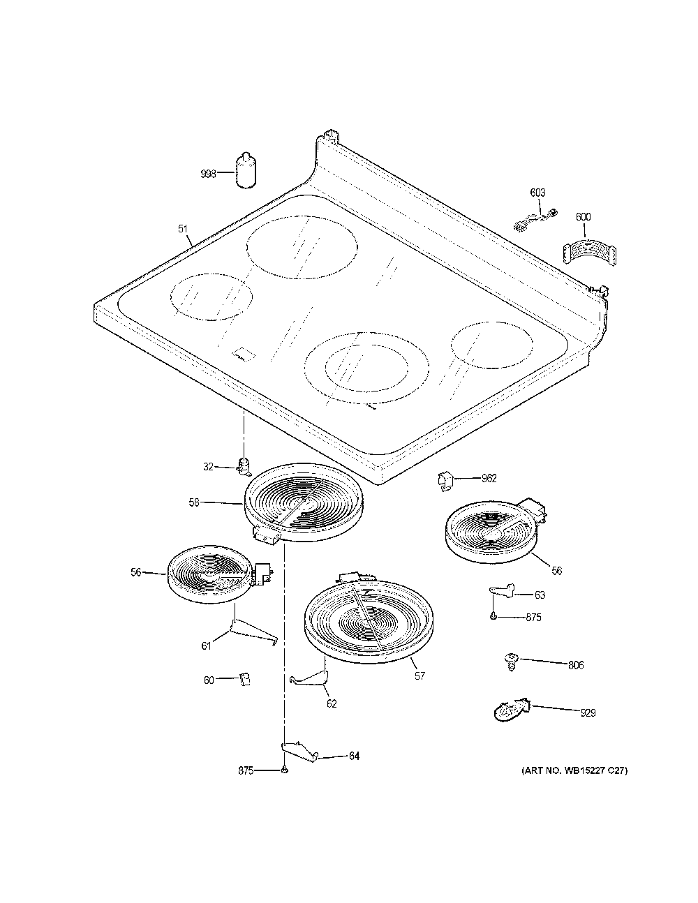 Cooktop Diagram and Parts List for JBS60DK8BB  General Electric Range