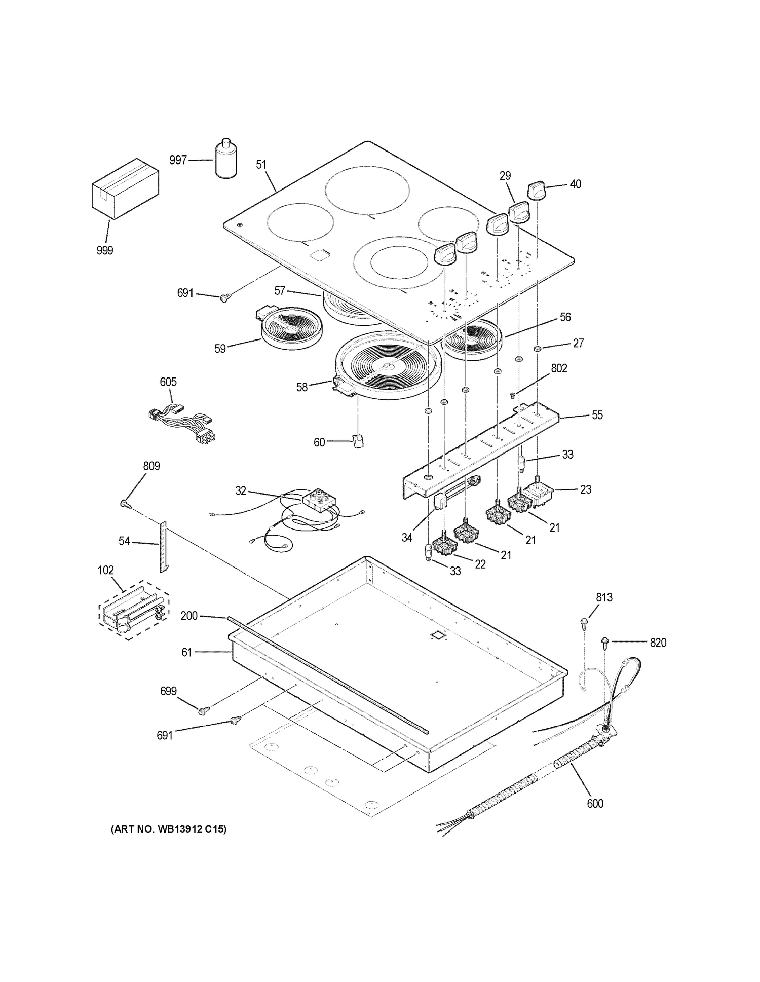 CONTROL PANEL & COOKTOP Diagram and Parts List for JP3530DJ3BB  General Electric Cooktop