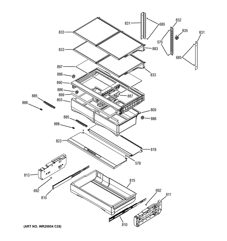 Fresh Food Shelves Diagram and Parts List for GNE29GGHBWW  General Electric Refrigerator