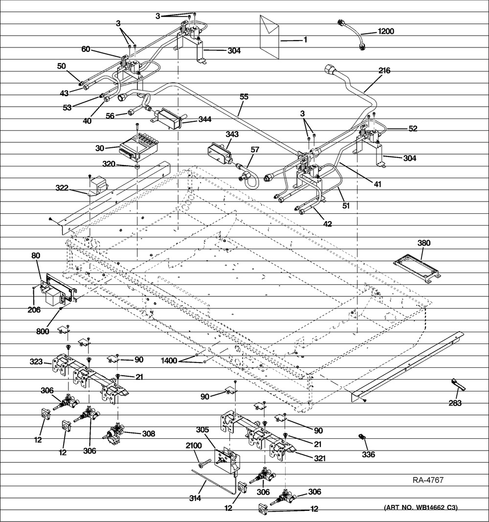Gas And Burner Parts Diagram and Parts List for ZIFP360NXLH  General Electric Freezer