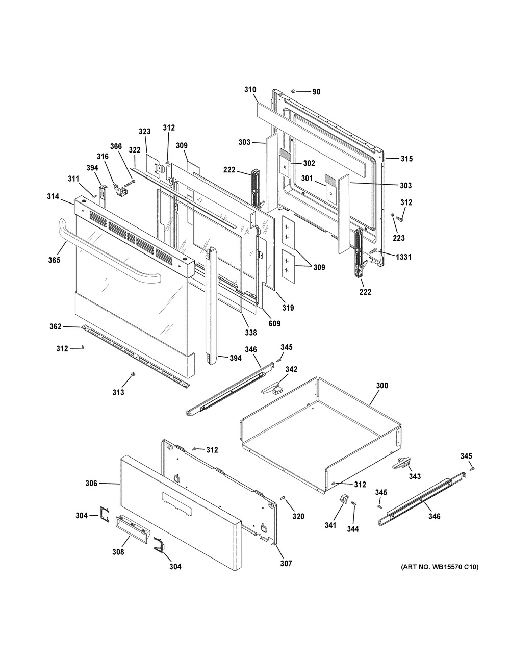Door And Drawer Parts Diagram and Parts List for QGAS740RM3SS  General Electric Range
