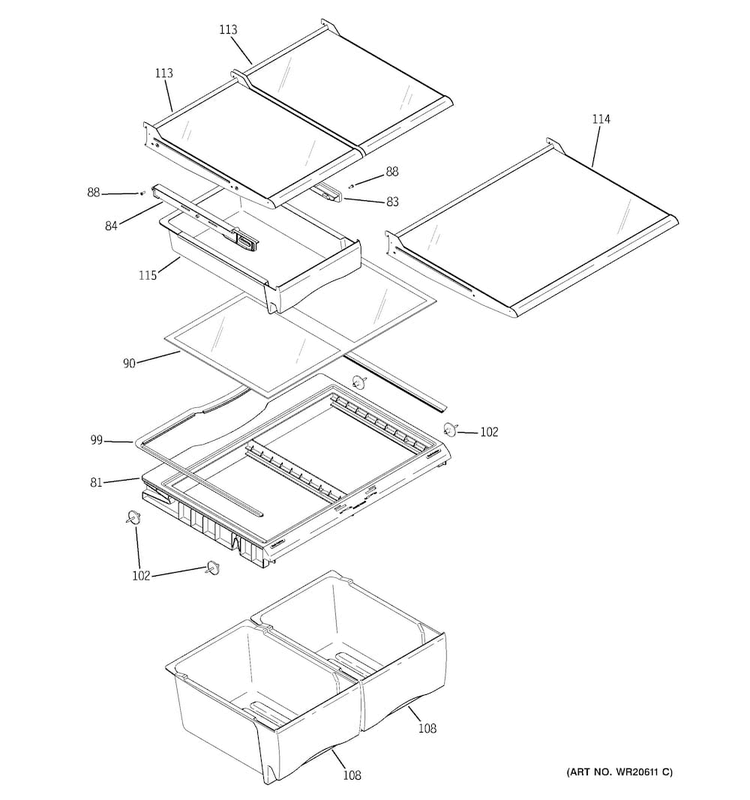 Fresh Food Shelves Diagram and Parts List for GNS23GSHBFSS  General Electric Refrigerator