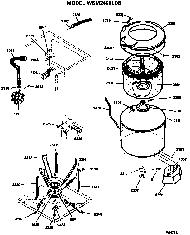Tub, Suspension And Water System Diagram and Parts List for WSM2400LDB  General Electric Washer Dryer Combo