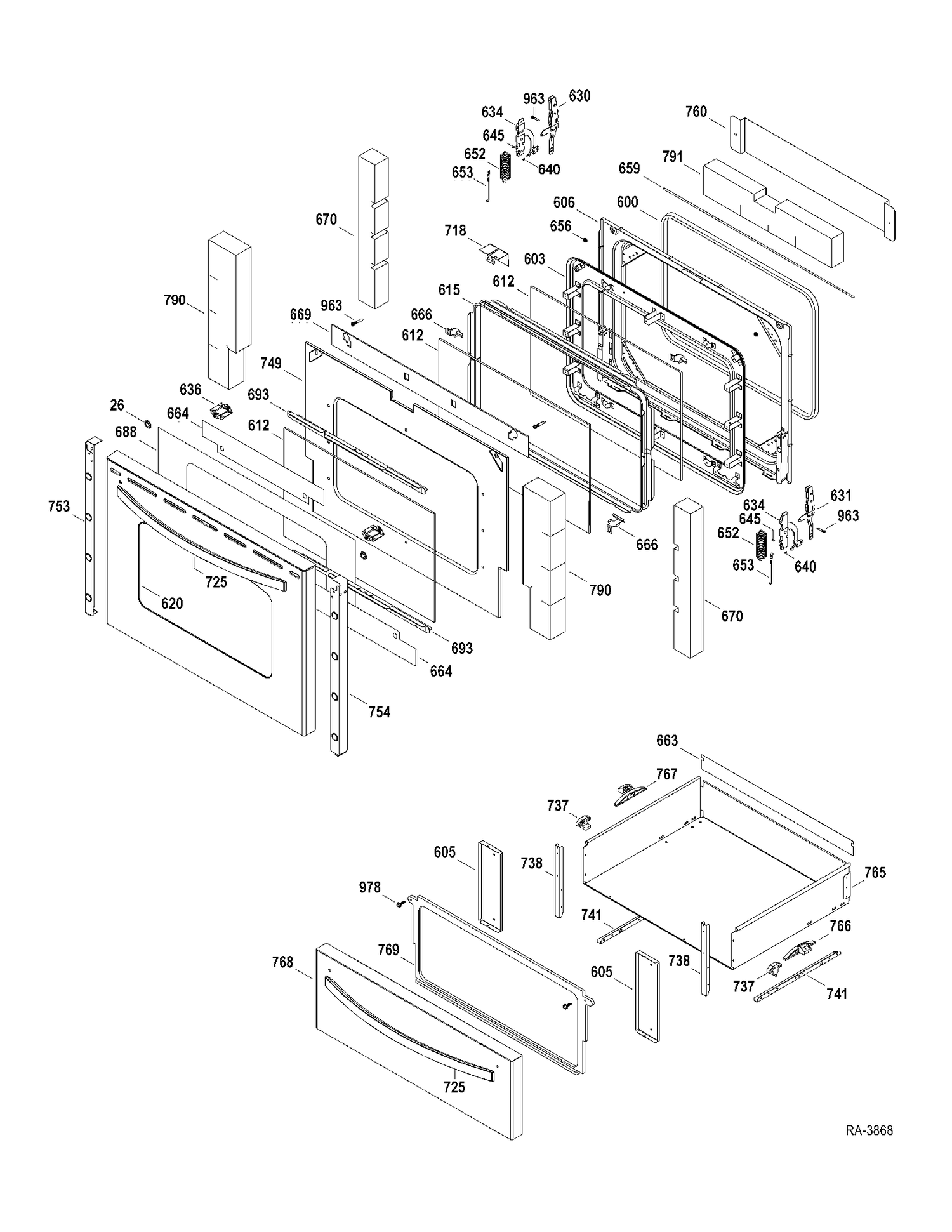 DOOR-DRAWER Diagram and Parts List for JCBP820SR1SS  General Electric Range