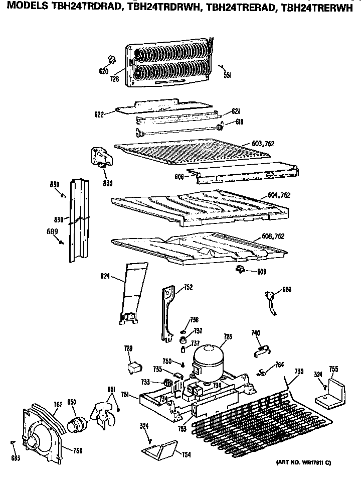 Unit Diagram and Parts List for TBH24TRDRAD  General Electric Refrigerator